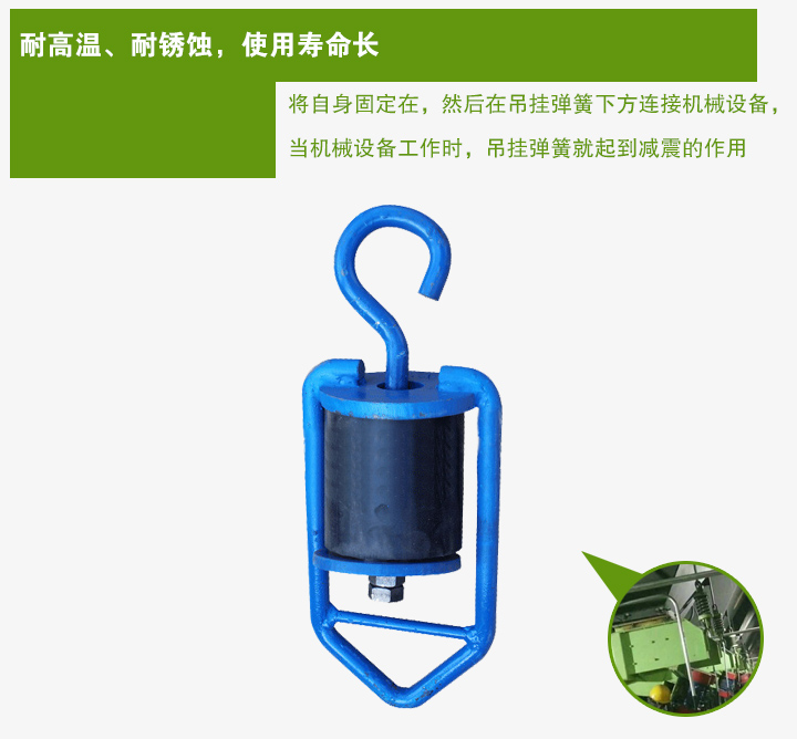 吊掛彈簧將自身固定在，然后在吊掛彈簧下方連接機械設備， 當機械設備工作時，吊掛彈簧就起到減震的作用